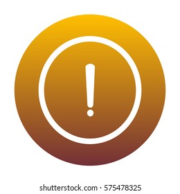 Exclamation mark sign. White icon in circle with golden gradient as background. Isolated.