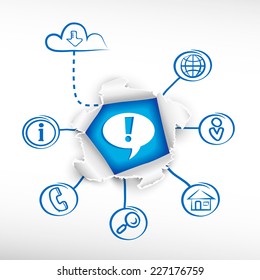 Exclamation mark and sketch diagrams. Doodle vector illustration. Breakthrough paper hole.