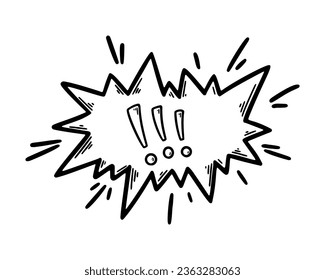 Exclamation mark in speech bubble. Doodle illustration of scream, talk, angry emotion, aggression expression. Attention or stop sign