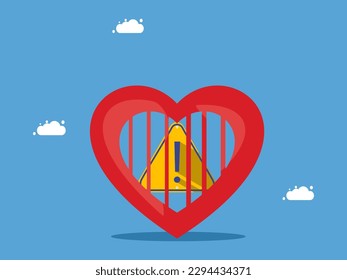 Exclamation mark stuck in heart prison. Warning in mind. Vector illustration