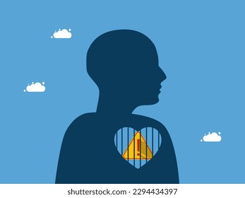 Exclamation mark stuck in heart prison. Warning in mind. Vector illustration