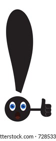 Exclamation mark with surprised eyes, shows thumb up. Vector illustration