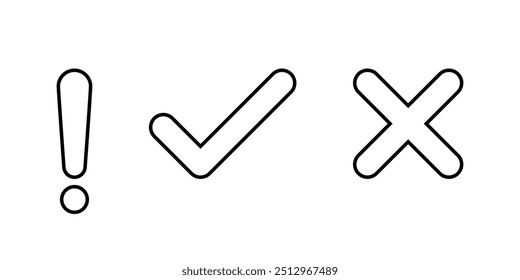 Signo de exclamación, marca e icono de cruz en estilo de línea. Trazo editable