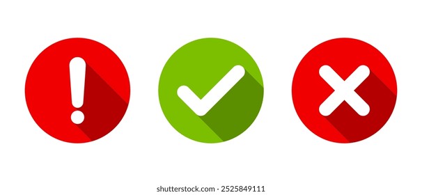 Icono de signo de exclamación, marca y cruz con sombra larga. Advertencia, marca de verificación y símbolo de signo x