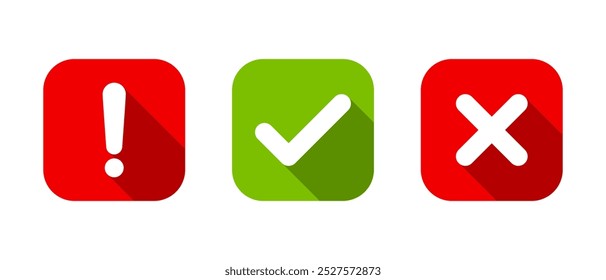 Exclamation mark, tick, and cross icon on square background. Warning, checkmark, and x symbol with long shadow