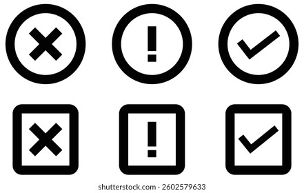 Exclamation mark, tick, and cross icon on square and circle background. : Warning Error and Approval Icons with Checkmark, Cross, and Exclamation Symbols.  Checkmark cross exclamation warning approval