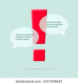 Exclamation mark and transparent glass speech bubbles for text.