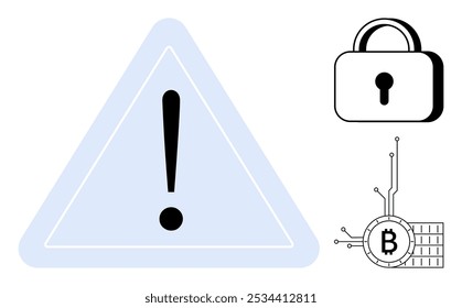 Exclamation mark in triangle emphasizes caution. Lock and digital Bitcoin symbol highlight security and cryptocurrency. Ideal for digital security, blockchain, cryptocurrency, warning signs, data