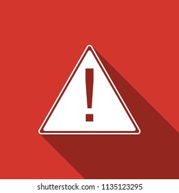 Exclamation mark in triangle icon isolated with long shadow. Hazard warning sign, careful, attention, danger warning important information sign. Flat design. Vector Illustration