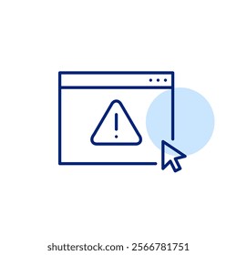 Exclamation mark in triangle on web page. Critical notice alert, site warning, attention required. Pixel perfect, editable stroke icon