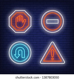 Exclamation mark, turn and stop traffic neon signs set. Road signs or warnings design. Night bright neon sign, colorful billboard, light banner. Vector illustration in neon style.