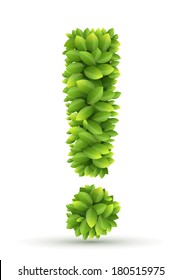 Exclamation mark, vector alphabet of green leaves  on white background