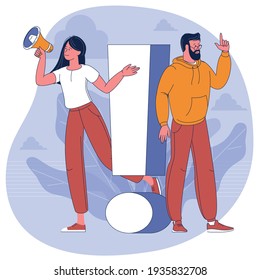 Exclamation mark. Vector illustration of young man and woman with alert sign. Concept of people with exclamation mark, answer for question, alert, warning and notification.