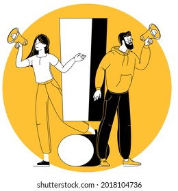 Exclamation mark. Vector illustration of young man and woman with alert sign. Concept of people with exclamation mark, answer for question, alert, warning and notification.