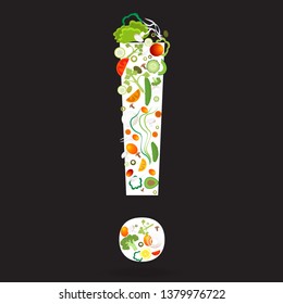 Exclamation mark with vegetables pattern for web and print decoration, vector illustration on black background