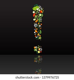 Exclamation mark with vegetables pattern for web and print decoration, vector illustration on black mirrored background