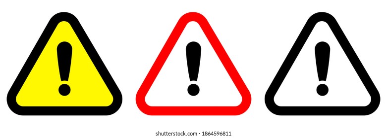Exclamation mark of warning attention icon. Vector yellow attention warning triangle alert set. Vector illustration isolated on white background.