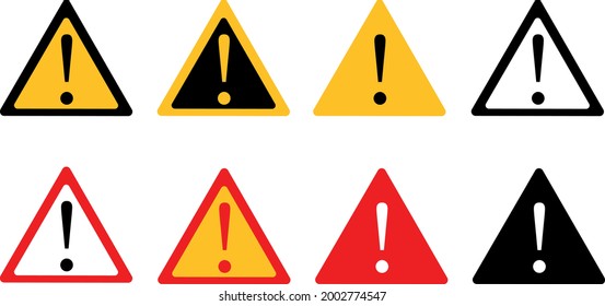 Marca de exclamación del icono de atención de advertencia. Símbolos de advertencia triangulares con signo de exclamación. Juego de alarmas de precaución, colección de señales de peligro, icono del vector de atención. Ilustración del vector