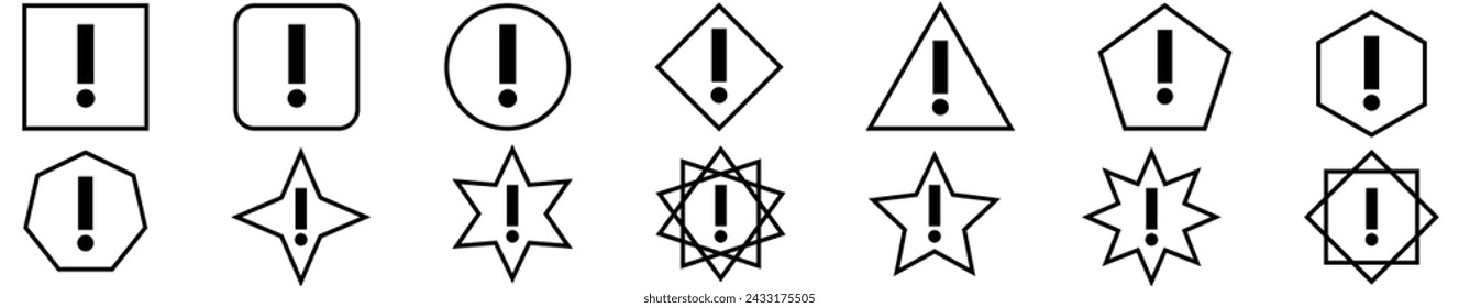 Signo de exclamación de advertencia Icono de línea de arte. Señales de advertencia de precaución definidas. Conjunto de alerta de triángulo de advertencia de atención amarilla vectorial.