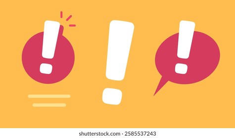 Exclamation mark warning caution icon fun comic cartoon message element vector minimal modern graphic illustration set, attention alert important urgent notice sign symbol red yellow color