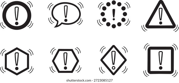 Conjunto de iconos de advertencia de signo de exclamación con varios marcos geométricos como cuadrado de triángulo circular y burbuja de discurso con líneas de movimiento de alerta