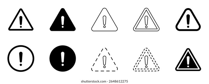 Vector de signos de advertencia de signos de exclamación en varias Formas triangulares y circulares que representan alertas, peligros y notificaciones importantes para la seguridad y los Mensajes de error.