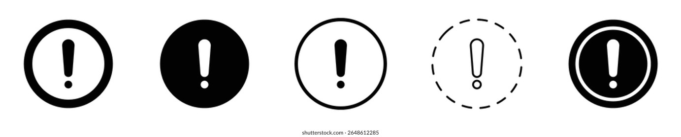 Exclamation mark warning sign icons vector set in various circular shapes representing alerts, hazards, and important notifications for safety and error messages.
