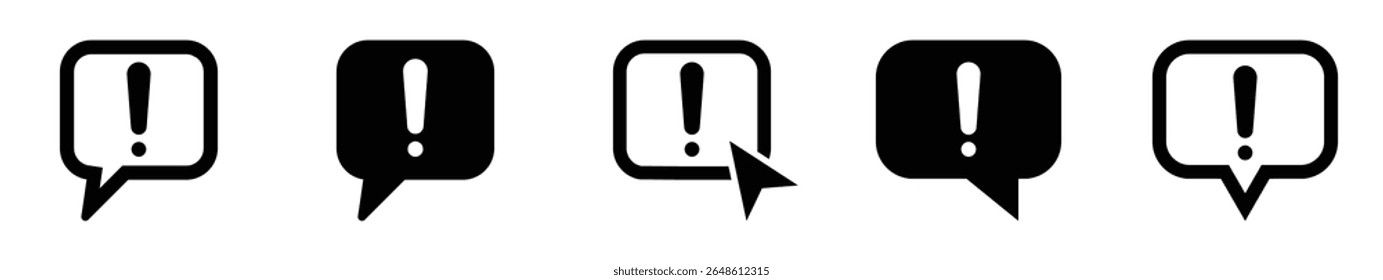 Exclamation mark warning sign icons vector set in various speech bubble shapes with pointer representing alerts, hazards, and important notifications for communication and dialogue interfaces.