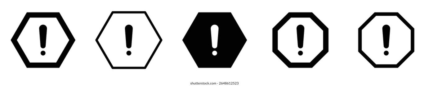 Exclamation mark warning sign icons vector set in various hexagon and octagon shapes representing alerts, hazards, and important notifications for safety and error messages.