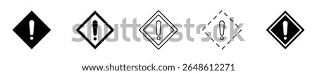 Exclamation mark warning sign icons vector set in various diamond shapes representing alerts, hazards, and important notifications for safety, and error messages.
