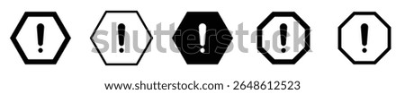 Exclamation mark warning sign icons vector set in various hexagon and octagon shapes representing alerts, hazards, and important notifications for safety and error messages.