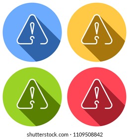 exclamation mark in warning triangle. linear symbol with thin outline. one line style. simple icon. Set of white icons with long shadow on blue, orange, green and red colored circles. Sticker style