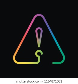 exclamation mark in warning triangle. linear symbol with thin outline. one line style. simple icon. Rainbow color and dark background