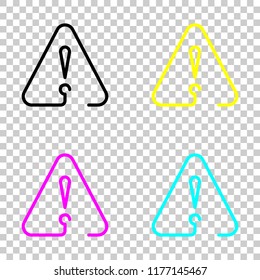 exclamation mark in warning triangle. linear symbol with thin outline. one line style. simple icon. Colored set of cmyk icons on transparent background