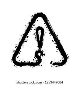 exclamation mark in warning triangle. linear symbol with thin outline. one line style. simple icon. Black ink with splashes on white background