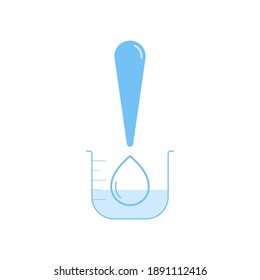 Exclamation mark with water drop indicate low level of water quantity. Water shortage warning symbol. Vector illustration outline flat design style.