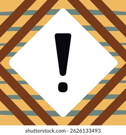 An exclamation mark in a white diamond shape over a striped brown and beige background illustration