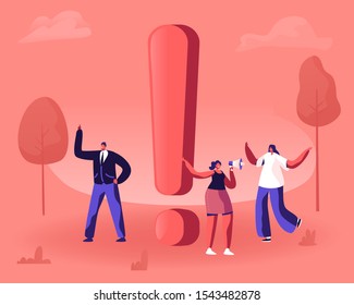 Exclamation Mark. Young Man and Women with Megaphone Standing at Alert Sign. People Answer for Question, Finding Problem Solution, Warning and Notification Concept. Cartoon Flat Vector Illustration