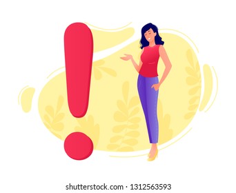 Exclamation mark with young smiling business woman. Q and A. FAQ. Have idea, solution, answer the questions. Flat concept vector illustration for web, landing page, banner, presentation, flyer, poster