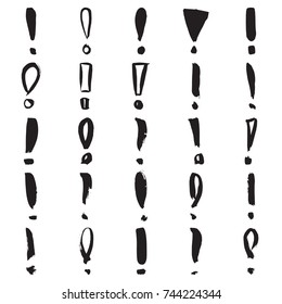 Exclamation marks. Collection of 25 hand painted marks isolated on a white background. Vector illustration