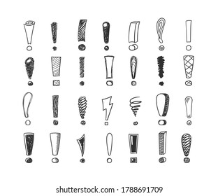 Exclamation marks handdrawn sketch set. Lightning idea swirling and in form symbols black informational attention made different geometric lines. Doodle vector.