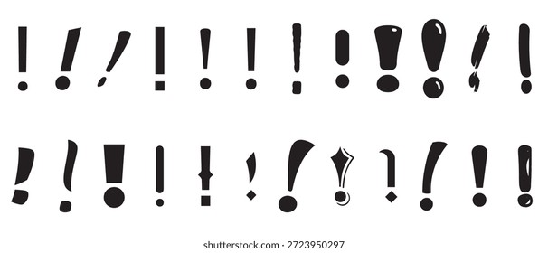 Conjunto de ícones de pontos de exclamação. Ícone de exclamação - todo o texto. Conjunto de ícones de alerta, perigo e aviso. Pontos de exclamação lineares pretos. Ilustração vetorial. fundo branco.