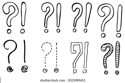 Exclamation marks and question marks. Hand drawn doodle set. Vector, isolated on white background.