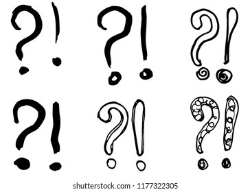 Exclamation marks and question marks. Hand drawn doodle set. Vector, isolated on white background