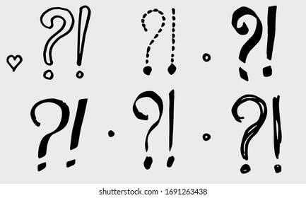 Exclamation marks and question marks. Hand drawn doodle set. Vector, isolated 