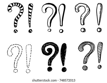 Exclamation marks and question marks. Hand drawn doodle set. Vector, isolated on white background. 