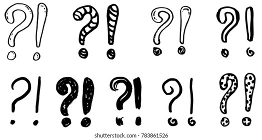 Exclamation marks and question marks. Hand drawn doodle set. Vector, isolated on white background.