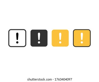 Exclamation marks set. Attention message in black and yellow colors. Square shape of alert and alarm sign. Information about important warn. Template on transparent background. Vector EPS 10