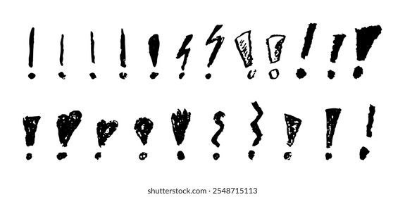Símbolos de pontos de exclamação definidos. Sinais escritos de mão preta de giz de cera. Coleção de ícones de rabiscar para enfatizar texto de aviso importante ou perigoso. Marcas de exclamação de estilo de esboço vetorial ou grafite