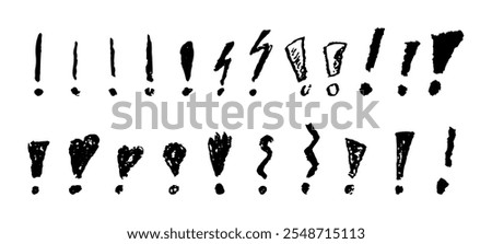 Exclamation marks symbols set. Black crayon hand written signs. Doodle icons collection for emphasize important or dangerous warning text. Vector sketch or graffiti style exclamation marks
